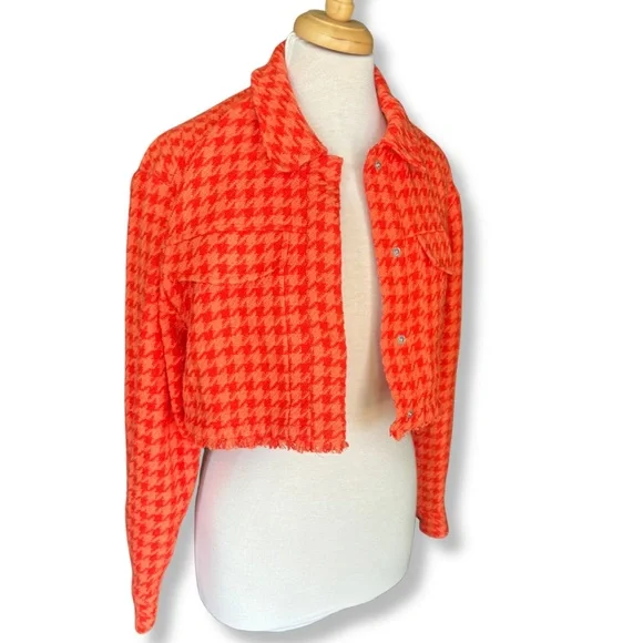 🍊 ZARA Cropped Houndstooth Jacket | Orange | Size M - Picture 4 of 10